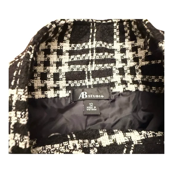 Women's AB Studio Black White Double Breasted Plaid Pea Coat Size 12 - Picture 6 of 14
